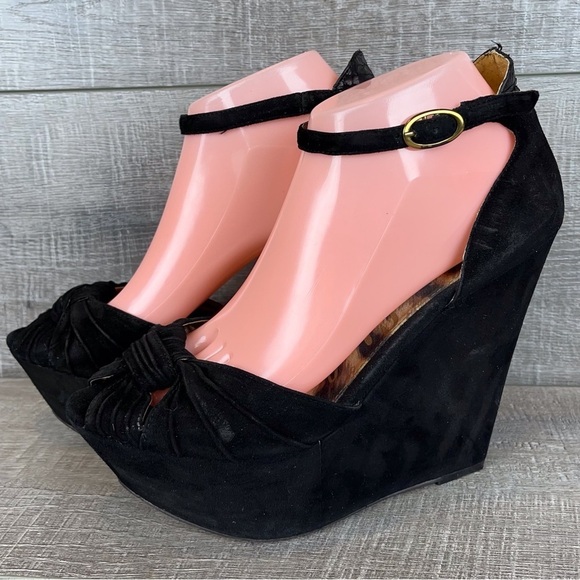 Sam Edelman sz 8.5 Qiana black suede platform wedge peeptoe heels - Picture 1 of 13